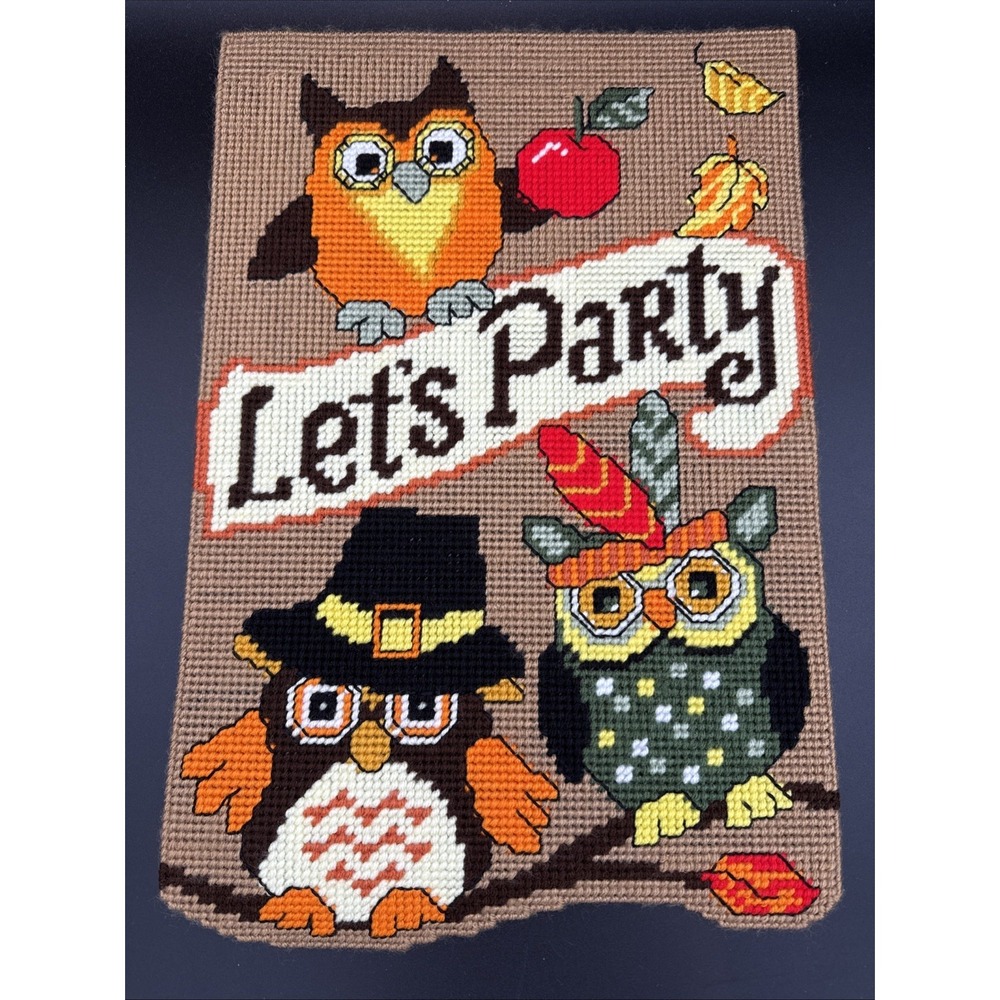 Plastic Canvas November Wall Decor Completed Thanksgiving Owls 12 X 18"